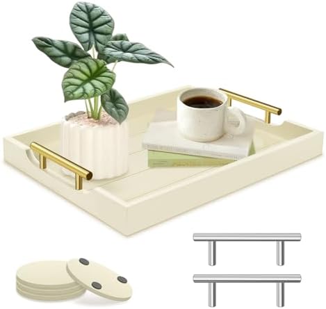 SXNOWS Wooden Serving Tray with 2 Sets of Handles,Cream