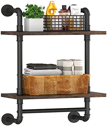 Helsin 2 Tier Industrial Pipe Floating Bathroom Shelves Wall Mounted with Towel Bar, Rustic Wood Wall Shelf, 16 Inch Metal Towel Rack Storage Bookshelf for Bathroom, Kitchen, Farmhouse, Living Room