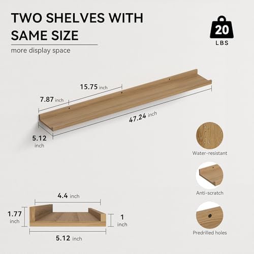 Boswillon Floating Shelves Set of 2, Long Wall Shelf with Lip, 48in, Oak