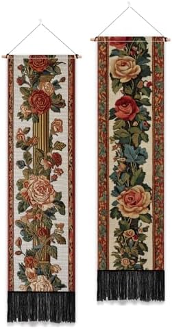 PLIGREAT 2 Pack Vintage Floral Tapestry with Tassels, 52" x 13" Rose Border Vine Aesthetic Wall Hanging Vertical Home Art Tapestry for Bedroom Living Room Bathroom Long Narrow Wall Hanging Art Decor