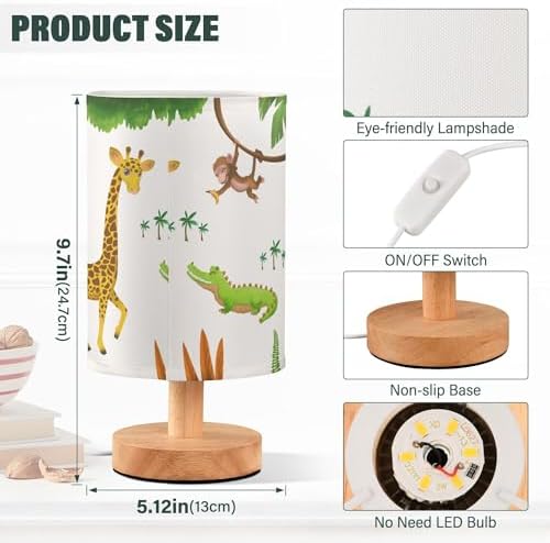 Table Lamp African Animal Giraffe Crocodile Monkey Palm Tree Jungle Leaf Nightstand Lamp with Wood Base Fabric Lamp Shade Bedside Desk Lamp for Living Room Bedroom Kids Room Office