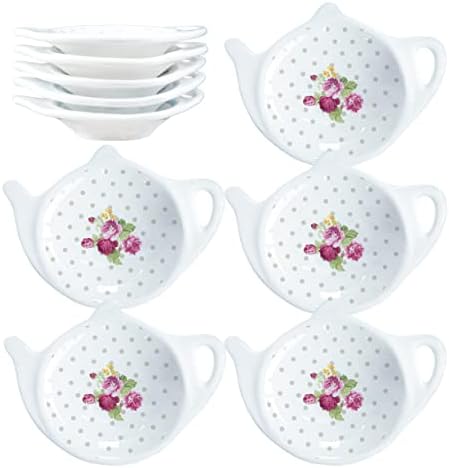 White Porcelain Ceramic Set with Flower Trim Teapot-Shaped Tea Bag Holder Tea Bag Coasters, Spoon Rests; Classic Tea Saucer Seasoning Dish Set (XQX)