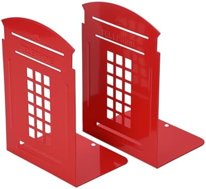 MerryNine 2pcs Book Ends, Metal Bookends for Shelves, Telephone Booth Decorative Bookends, Non Skid Heavy Bookends, Book, Magazine or CD Organizers for Home and Office (Red-2pcs)