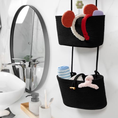 TeoKJ Over the Door Hanging Baskets with Button Strap, 3-Tier Woven Cotton Storage Organizer Bag, Wall-Mounted with Hook Decorative Hanging Nursery Baskets - Black