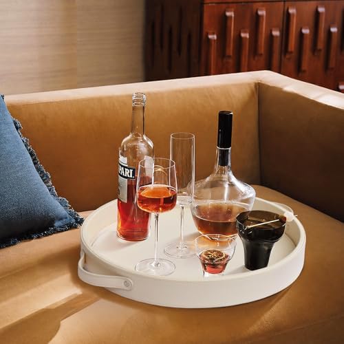 HofferRuffer Top Nocth PU Leather Round Serving Tray, Decorative Serving Tray with Handles, Coffee Tray, Ottoman Tray for Home Or Office, Diameter 14.6-inch (CreamWhite)