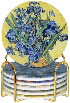 Van Gogh Drink Coasters with Holder - 6 Set Ceramic Coaster for Drinks Absorbent with Cork Base and Golden Holder - Coasters for Coffee Table Apartment Wooden Bar Mugs Glasses Cup Beer