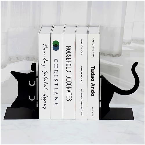 Book Ends Decorative,ENCIMART Book Ends,Metal Bookends,Book Holders for Shelves,Office Decorative Bookends,1.5mm Thickened Book Ends,Bedroom Library Office School Book Desktop Organizer Gift（Cat）