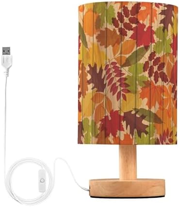 Table Lamp Colorful Autumn Leaves Vintage Wooden Pattern Nightstand Lamp with Wood Base Fabric Lamp Shade Bedside Desk Lamp for Living Room Bedroom Kids Room Office