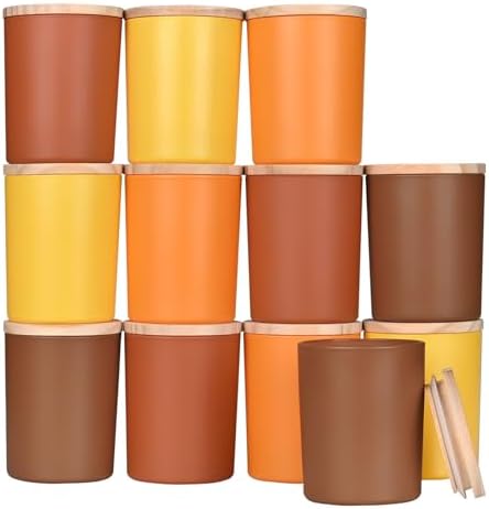 SHOWIN Thick Candle Jars for Making Candles 12 Pcs, 7 OZ Empty Jars with Wood Lids for Candle Making, Sample Container, Fall