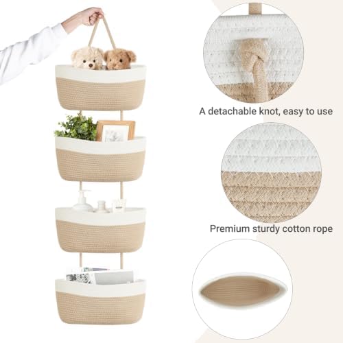 Over The Door Hanging Basket Storage 4-Tier Woven Wall Basket, Jute & White