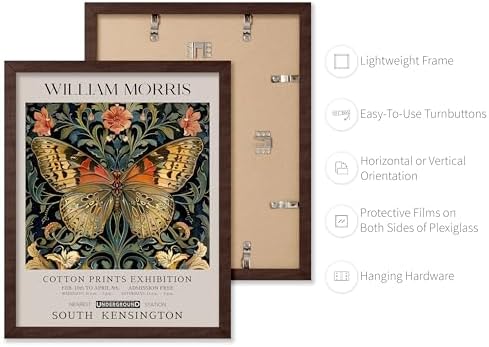 Monem Art William Morris Poster - Butterfly Print - Flower Art - Botanical Poster - Moth Illustration - Floral Creation - Aesthetic Living Room Decor - 11x14 Brown Framed