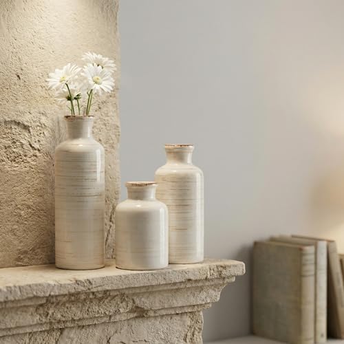 Vintage Ceramic Flower Vase Set of 3, Rustic Farmhouse Vase for Home Decor, Distressed Decorative Vase for Table Entryway Mantel Centerpiece Living Room Bathroom Bedroom (Linen Off-White)