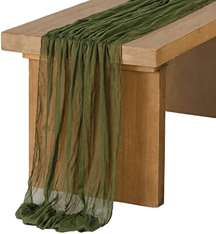 Ling's Moment Moss Green Gauze Cheesecloth Table Runner, 14FT (168 Inch)