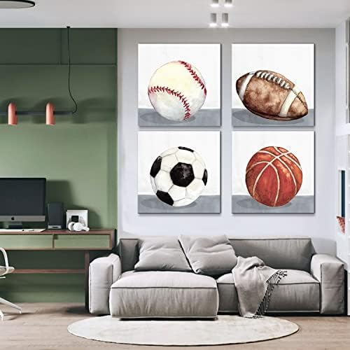 Sports Wall Art Boys Room Wall Decor Vintage Football Soccer Baseball Basketball Them Canvas Wall Arts for Kids Boy Bedroom Nursery Home Decoration 24x24" 4 Pcs Rustic Ball Artwork Painting Baby Gift