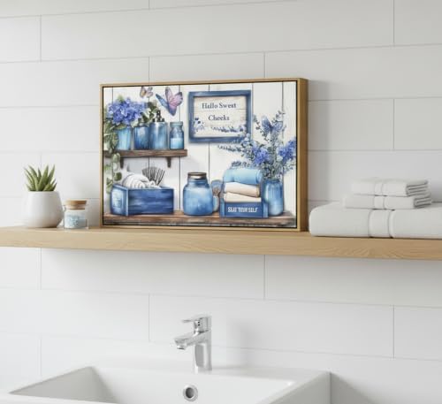 Framed Navy Blue Bathroom Canvas Wall Art Blue Flowers and Butterflies Painting Picture Wall Decor Poster Print Artwork for Toilet Washroom Restroom Home Decoration