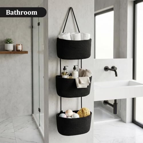 TeoKJ Over the Door Hanging Basket, 3-Tier Woven Cotton Wall-Mounted Storage Organizer Bag Decorative Hanging Nursery Baskets, Black