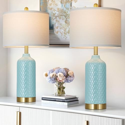 26“ Aqua Blue Ceramic Table Lamps Set of 2, Coastal Ceramic Lamps for Bedroom, Modern Bedside Lamp for Living Room, Elegant Farmhouse Nightstand Lamp for Desk Side End Table Home Decor