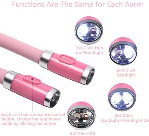 Rechargeable LED Neck Reading Light, Book Lights for Reading in Bed, 3 Brightness Levels, 2 Flexible Soft Silicone Arms Comfortable Wear, Long Lasting. Perfect for Bookworms, Craft & Knitting (Pink)