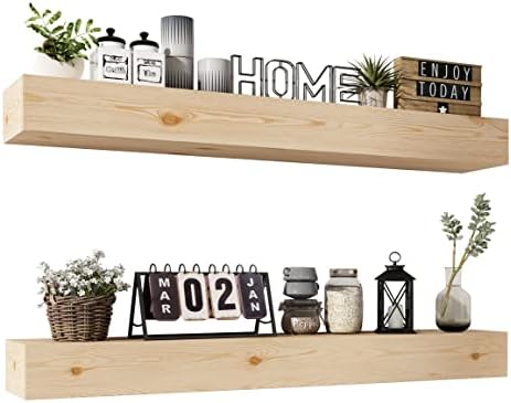 Wall Floating Shelves, Rustic Wood Shelf for Wall Mounted - Wooden Handmade Shelves for Bathroom Kitchen Livingroom - No Stain - DIY(Unfinished, 36 Inch - 2 Pack)