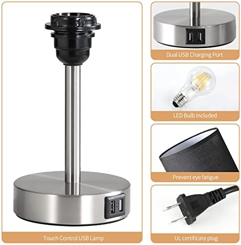 Bedside Lamp with USB Port - Touch Control Table Lamp for Bedroom Wood 3 Way Dimmable Nightstand Lamp with Round Black Shade for Living Room, Dorm, Home Office (LED Bulb Included) (Blacl2)