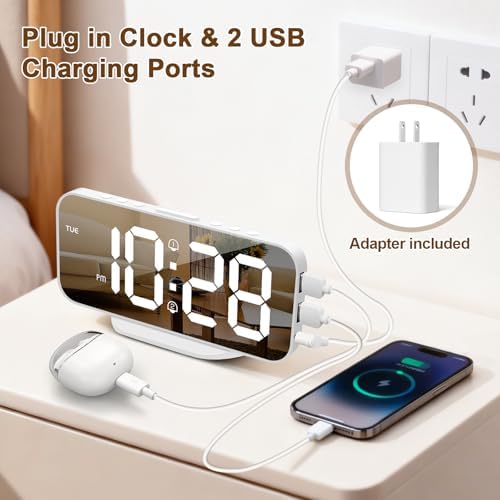 ALANAS Slim Digital Alarm Clock, Big Mirror Display with Dual USB Charger Ports, Dual Alarms, Snooze, 4-Level Adjustable Dimmer, for Bedroom, Office, Desk, Dorm, College Students, Home
