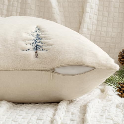 MIULEE Christmas Decorative Faux Fur Pillow Covers 18x18 Inch Beige Blue