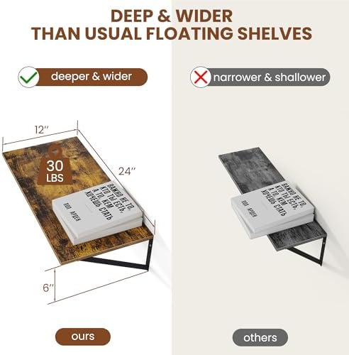 Heimlove 24W x 12D Deep Floating Shelves Set of 2 Rustic Brown