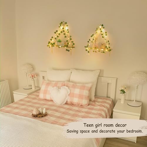 Mkono Macrame Wall Hanging Shelves Set of 2 with Artificial Ivy Lights