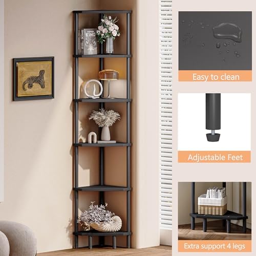 6 Tier Corner Shelf, Narrow Display Shelf Stand, Corner Bookshelf