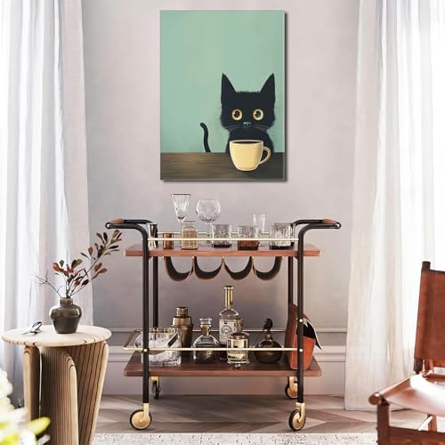 Yaneiro Framed Fun Black Cat Wall Art Abstract Drinking Coffee Picture Cute Retro Black Cat Wall Decor Canvas Poster Print Suitable for Cafe Bar Living Room Restaurant Bedroom 12x16in