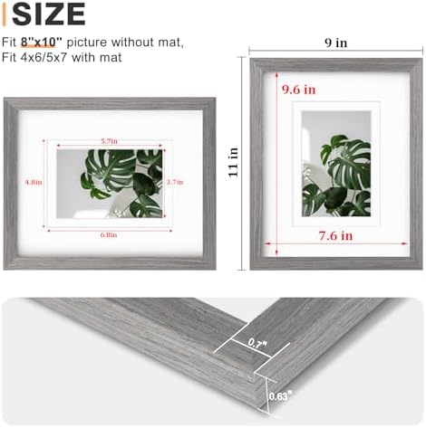Egofine 8x10 Picture Frames Set of 4, Made of Solid Wood Covered by Plexiglass 4x6 and 5x7 with Mat or 8x10 without Mat, for Table Top Display and Wall Mounting Photo Frame Light Grey
