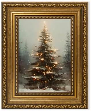 Fantasy Artists Christmas Framed Canvas Wall Art, Lighted Christmas Tree in Snowy Forest Gold Frame Print, Vintage Winter Holiday Decor for Living Room Bedroom Entryway, Ready to Hang, 8" Wx10 H