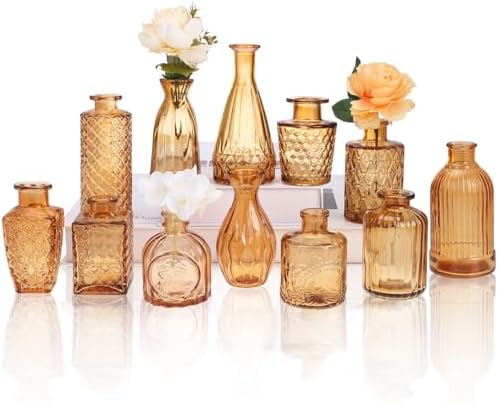 CUCUMI 12pcs Bud Vases for Centerpieces, Amber Gold Glass Vase Set | Small Vintage Vases for Centerpieces, Decorative Flower Vases for Wedding Home Table Decor