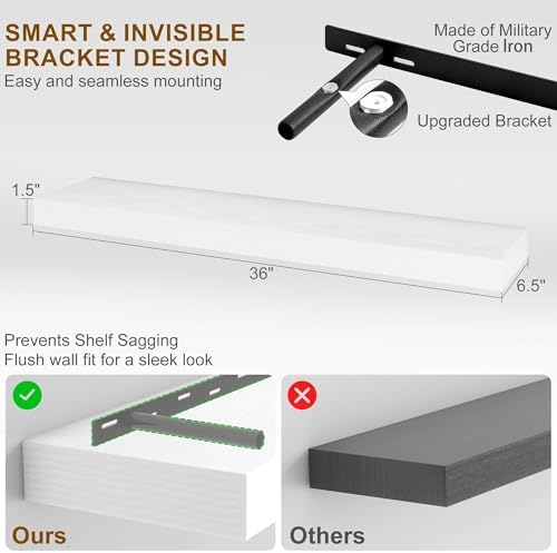 Fun Memories Floating Shelves for Wall, 36Inch Floating Shelves Set of 2, Hanging Shelf with Invisible Brackets, Bathroom Shelves for Living Room, Bedroom, Kitchen- White