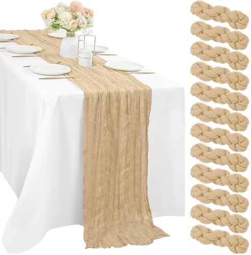Sand 12 Pieces 35 x 120 Inches Long Cheesecloth Table Runner Gauze Fabric 10Ft Boho Table Runner Rustic Sheer Runner for Wedding Baby Bridal Shower Birthday Holiday Party Table Arbor Decor (Sand)