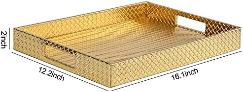 HofferRuffer Rectangle Serving Tray with Hole Handles for Coffee Table, Breakfast, Tea, Food, Butler - Countertop, Kitchen, Vanity Serve Tray, 16.2 x 12.2 x 2 inches, Faux Leather (Gold)