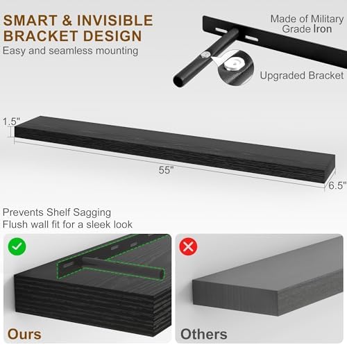 Fun Memories Floating Shelves for Wall, 55Inch Floating Shelves Set of 2, Hanging Shelf with Invisible Brackets, Wood Shelves for Living Room, Bedroom, Kitchen, Black