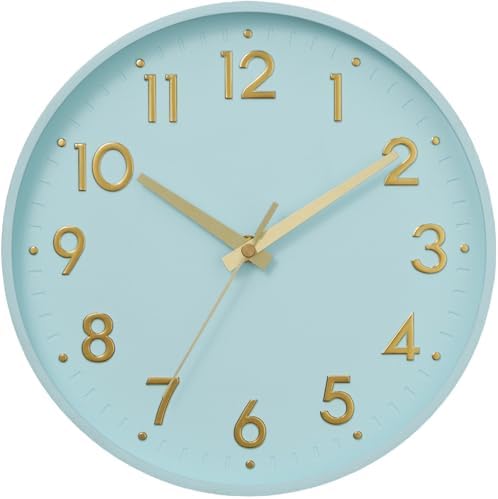 Mosewa Small 8 Inch Wall Clock Battery Operated Silent Non Ticking Analog | Aqua Blue modern clock; oversized 3D easy-read dial for kitchen, bedroom & office; 1 AA battery (not included)
