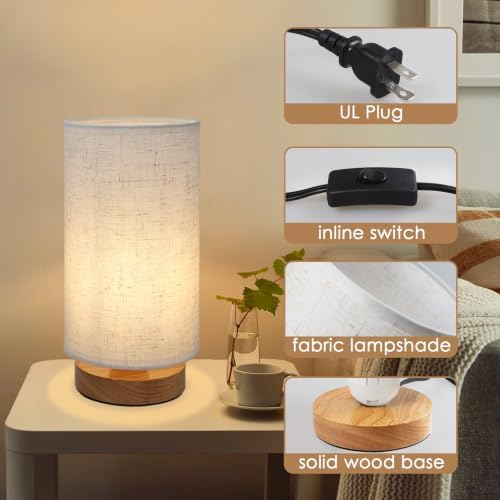 Minimalist Dimmable Nightstand Lamp with Round Fabric Linen Shade, 3 Color Temperatures, Desk & Bedside Lamp for Study, Living Room, Bedroom, Office, Dorm