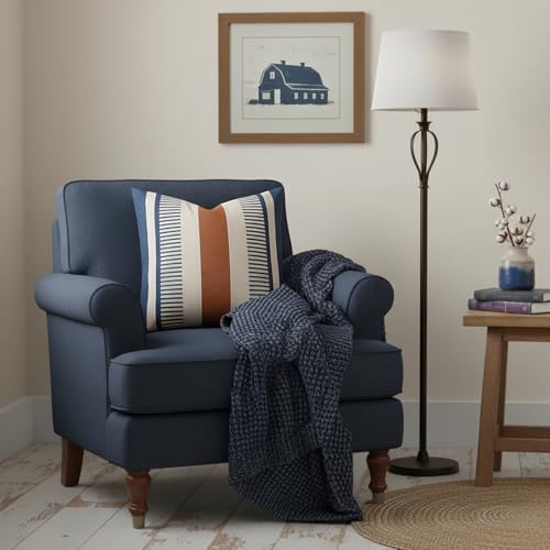 Farmhouse Stripe Pillow Cover 18x18 Boho Accent Cushion Case Faux Leather Decorative Pillowcase,Navy Blue and Beige (Cover ONLY, Pack of 2)
