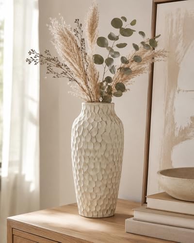 12.4 Inch Large Yellow Textured Ceramic Tall Vase for Rustic Home Decor | For dried flowers and pampas grass on tables, shelves and living room displays