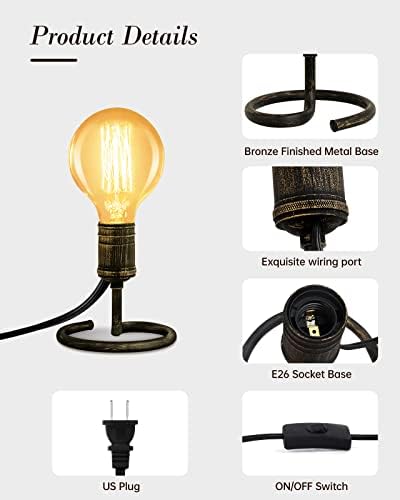 Bedside Table Lamp for Bedroom, 2PCS Small Industrial Desk Light Base E26/E27, Vintage Lamp Holder with Plug in Cord On/Off Switch, Cute Nightstand Lamps for Living Room, Office Kid Reading(NO Bulb)