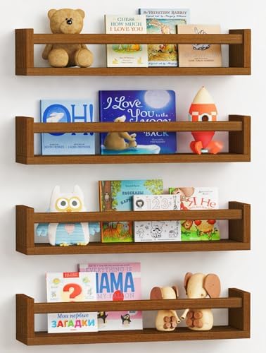 Forbena Dark Wood Nursery Kids Bookshelf Wall Mounted, Wooden Floating Nursery Book Shelves for Wall, Hanging Kids Bookshelves for Toddler Baby Room Bedroom Bathroom (Solid Pine, Walnut Brown, 4 Pack)