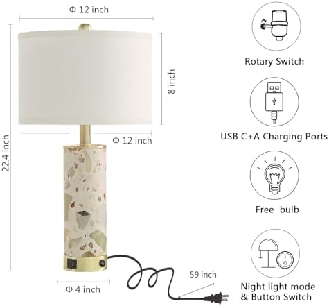 22.4” Set of 2 Modern Table Lamps for Living Room with USB C+A