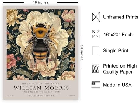 Poster Master William Morris Poster - Bumble Bee Print - Flower Art - Botanical Art - Exhibition Illustration - Animal Illustration - Floral Painting - Bee Artwork - Aesthetic Office or Bedroom Decor - 16x20 UNFRAMED Wall Decor