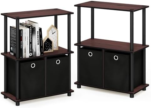 Furinno TURN-N-TUBE Storage Shelves Set of 2, 3-Tier Toolless Book Shelf with Storage Bins, Display Shelf, for Organization and Storage, Living Room, Garage, Home Office, Dark Cherry
