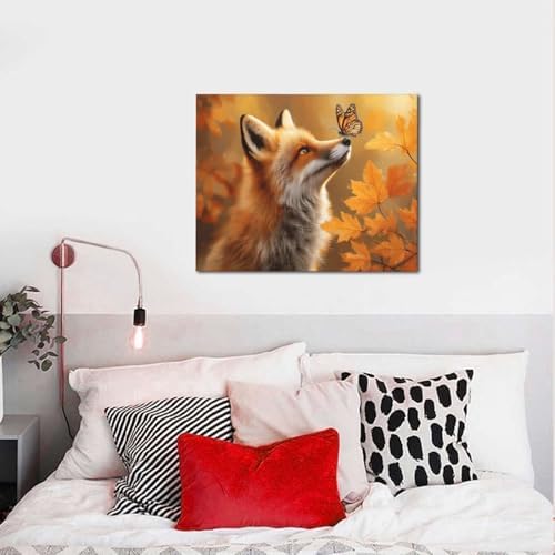 Fall Fox Decor Wall Art Autumn Pictures Maple Leaf Canvas Prints Painting Cute Fox Artwork Home Decoration for Bathroom Bedroom Living Room Framed Gifts 16"x20"