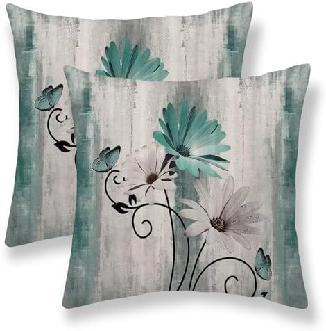 Teal Floral Pillow Covers 20 x 20 Inch Set of 2 Daisy Floral Butterfly Decorative Throw Pillow Covers Linen Rustic Farmhouse Cushion Cases for Home Sofa Couch Living Room Decor