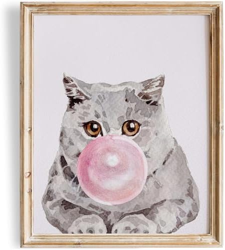 DREAM BIG PRINTABLES Cat Blowing Bubble Gum | British Shorthair Art Print - 11x14 (Unframed) | Adorable Feline Decor for Cat Lovers