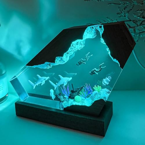 Handmade Hammerhead Shark Resin Ocean Lamp with Wooden Base